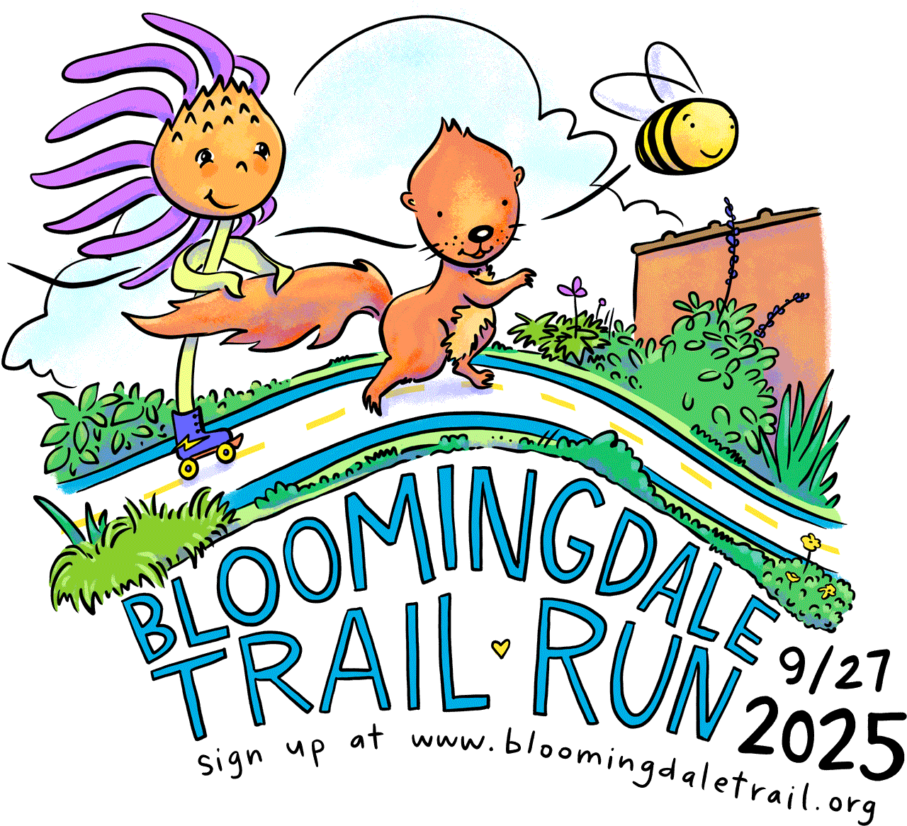 Illustration of flower, squirrel and bee with Bloomingdale Trail Run, 9/27/2025