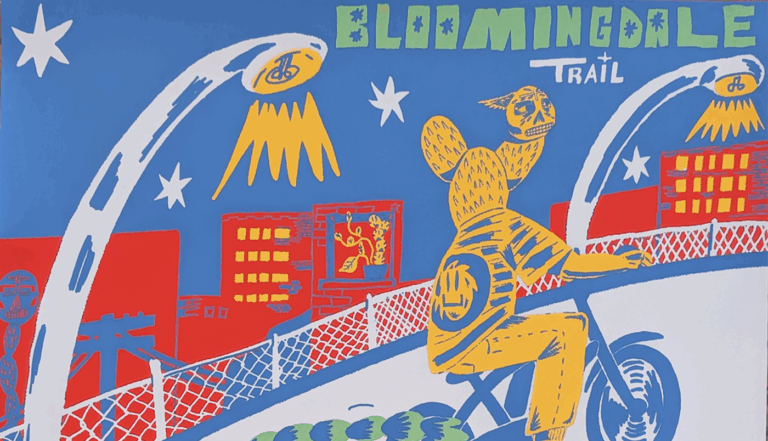 Colorful illustrated crop from a poster, text Bloomingdale Trail in corner.