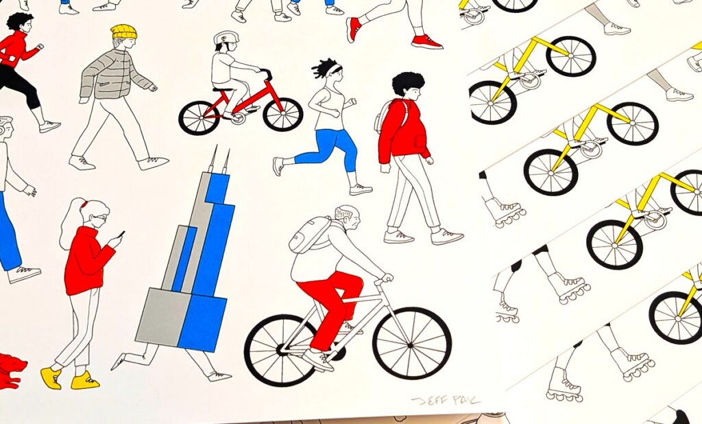 Close up of illustration of bikers and walkers