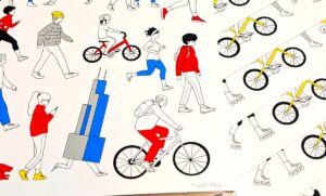 Close up of illustration of bikers and walkers