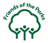 Green logo with illustrated stick figures and a tree and the name Friends of the Parks